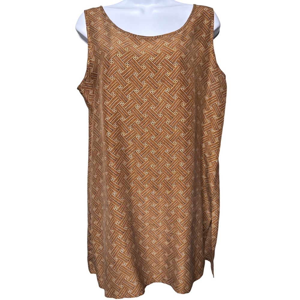 ANNE PINKERTON Womens Brown 100% Silk Basketweave Tunic Tank Top L Quiet Luxury